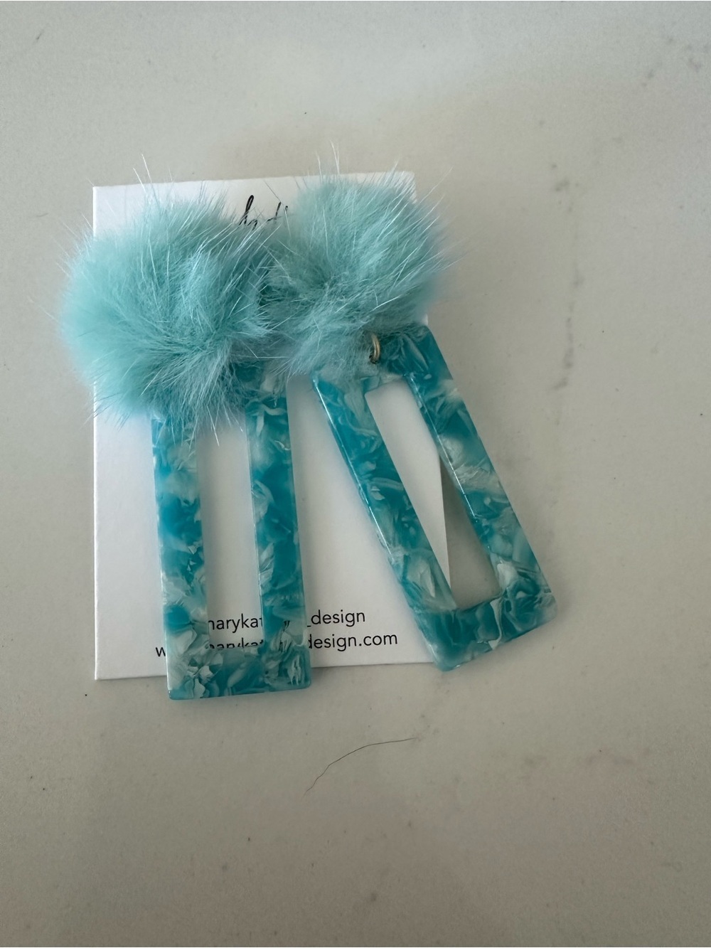 Aqua Marble Drop Earrings with Soft Pom Accent